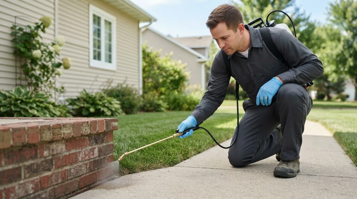 Pest control technician treating a home near Rochelle Park, NJ